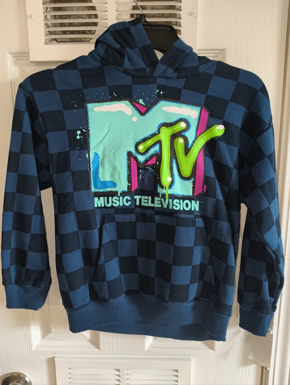 MTV Music Television Hoodie Youth XS 6/7 Blue Checkered Pullover